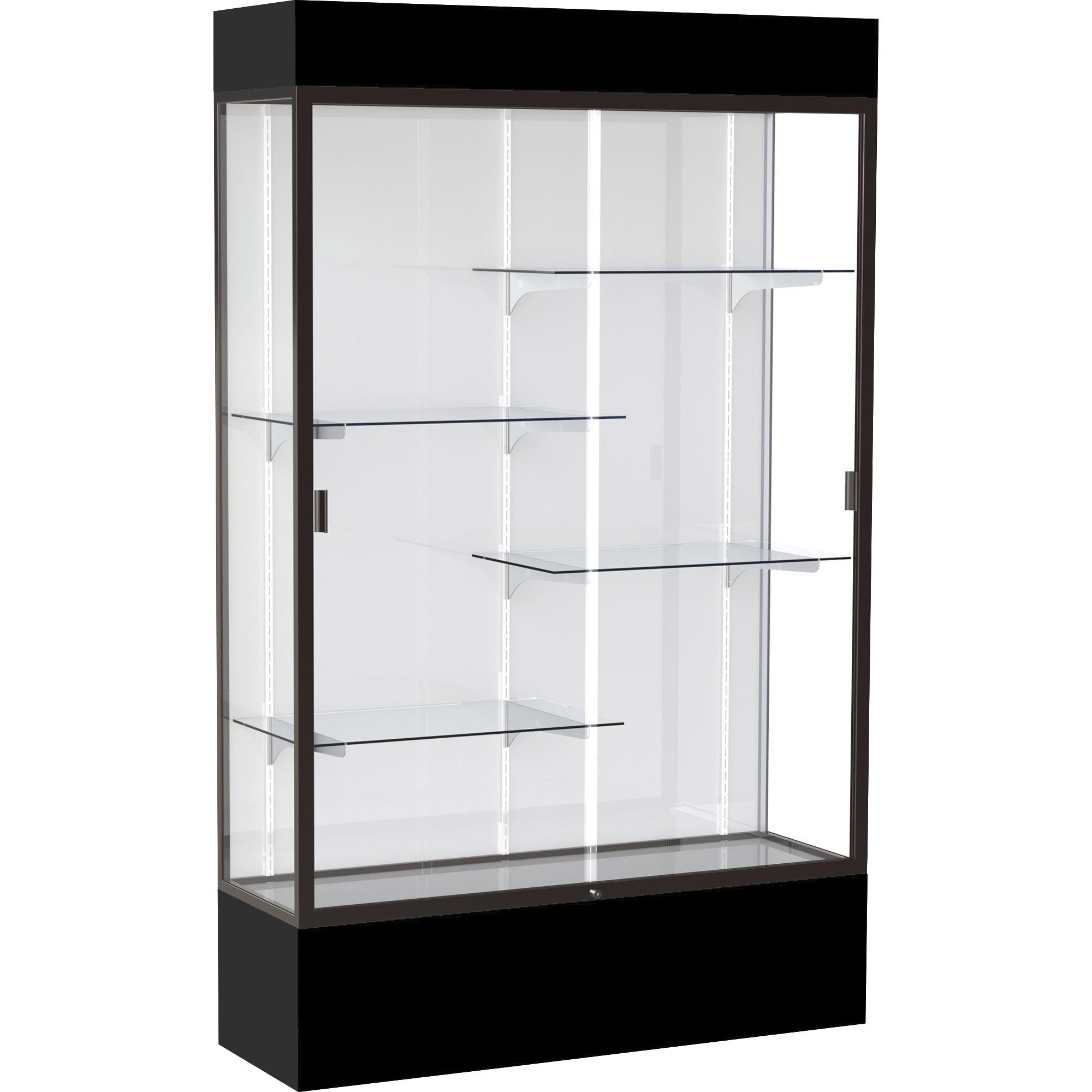 Waddell Spirit 4' Floor Display Case, 48"W x 16"D x 80"H, 4 Adjustable Shelves, Sliding Lockable Tempered Glass Doors, LED Light, Dark Bronze Aluminum Frame, White Back, Black Base, Black Cornice, 1 Each