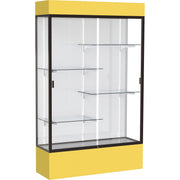 Waddell Spirit 4' Floor Case, 48"W x 16"D x 80"H, 4 Adjustable Shelves, Sliding Lockable Tempered Glass Doors, LED Light, Dark Bronze Frame, White Back, Goldenrod Base, 1 Each