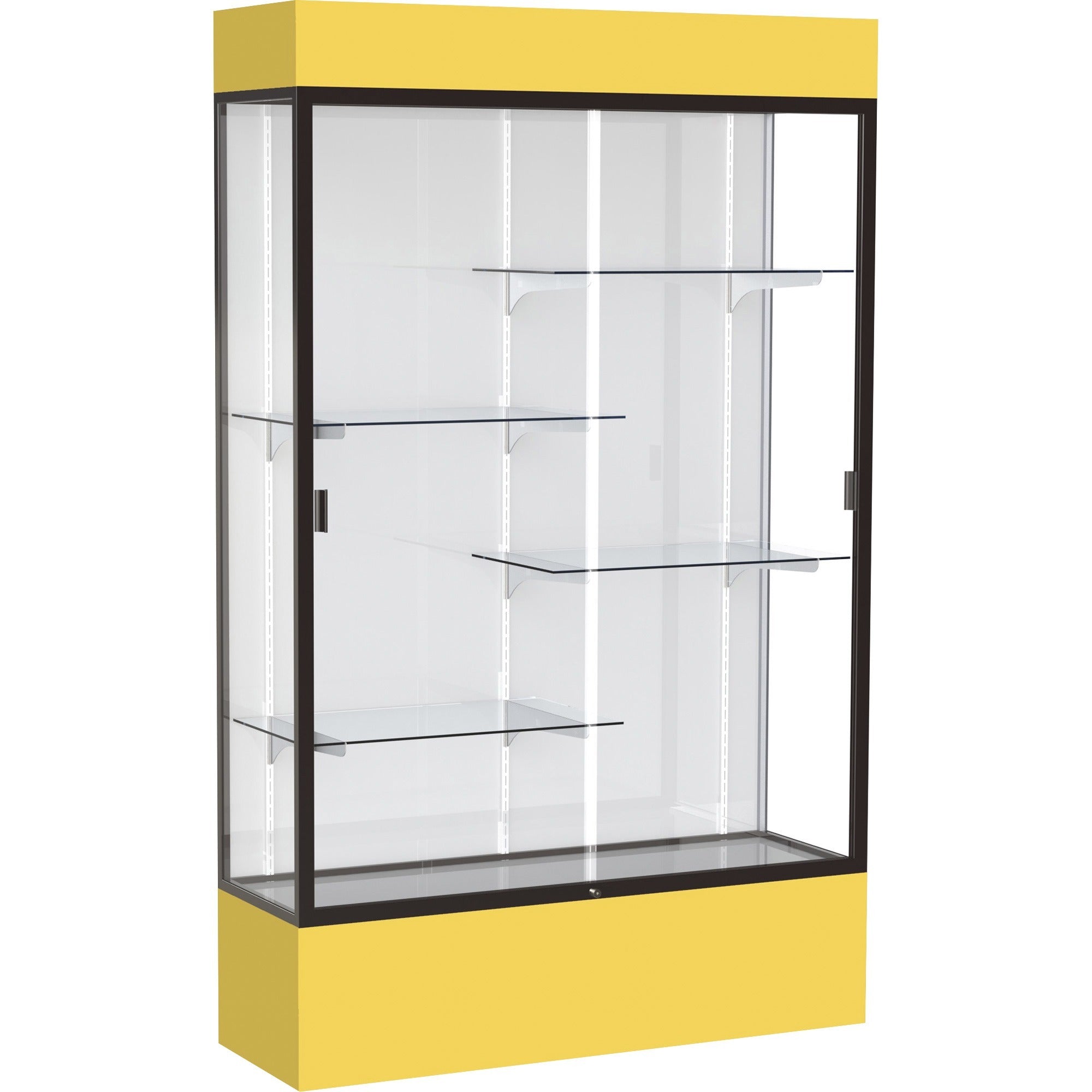 Waddell Spirit 4' Floor Case, 48"W x 16"D x 80"H, 4 Adjustable Shelves, Sliding Lockable Tempered Glass Doors, LED Light, Dark Bronze Frame, White Back, Goldenrod Base, 1 Each