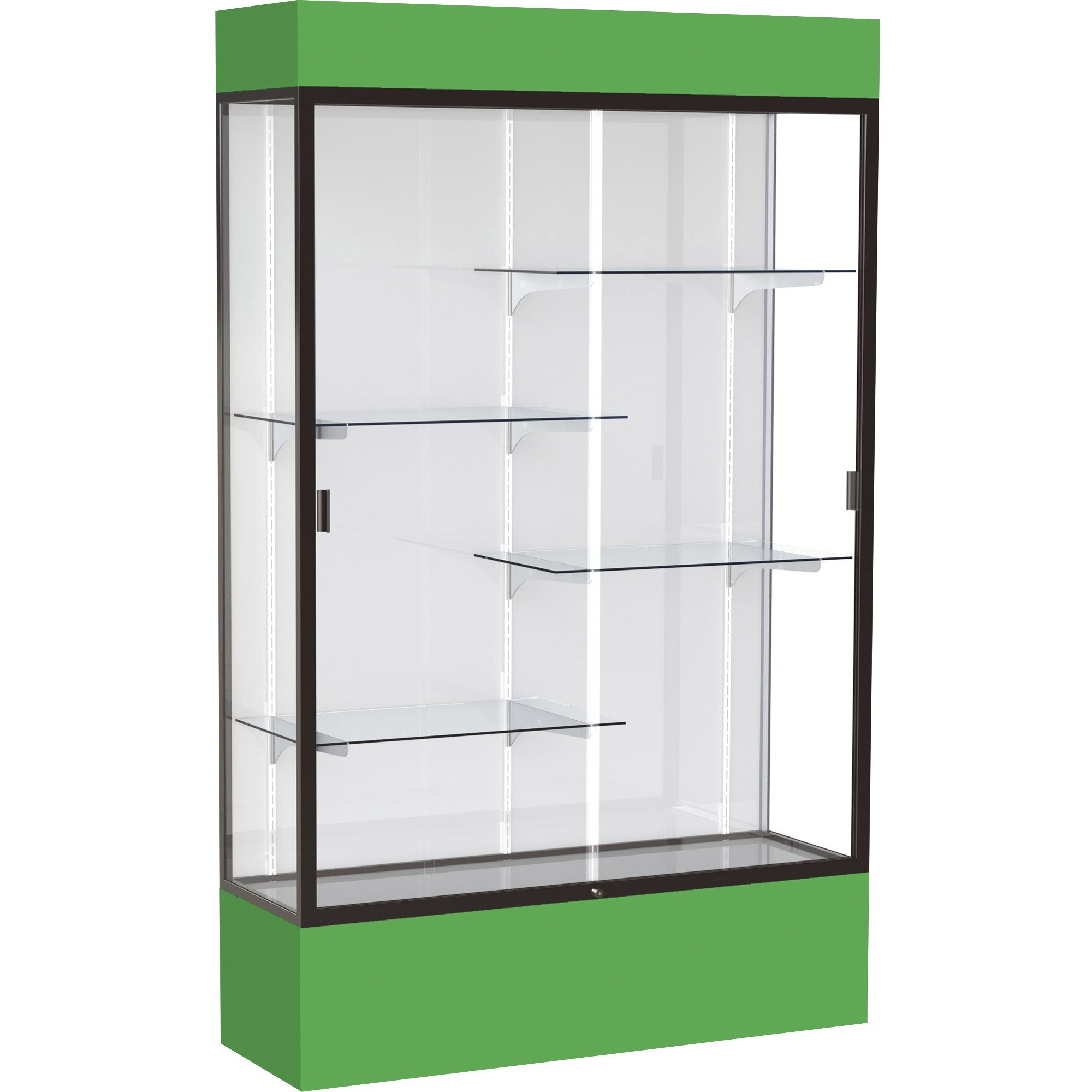 Waddell Spirit Lighted Floor Display Case, White Back, Dark Bronze Frame, Kelly Green Base, 48"W x 16"D x 80"H, 4 Adjustable Shelves, Sliding Tempered Glass Doors, LED Lighting, Lockable, 1 Each