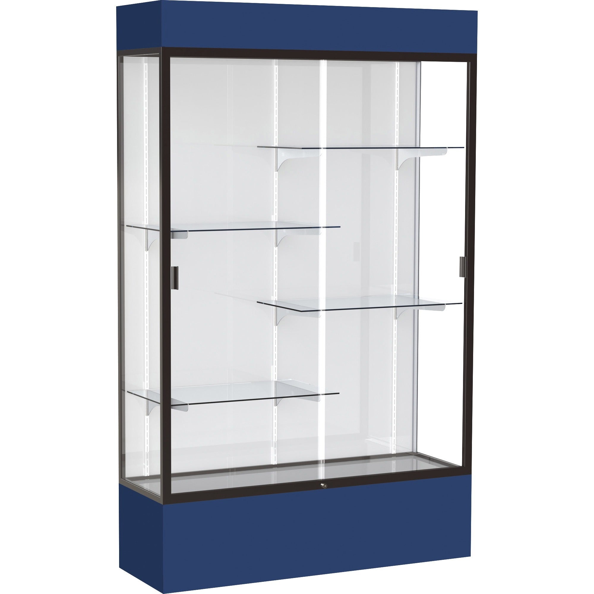 Waddell Lighted Floor Case, White Back w/ Dark Bronze Frame & Colored Base - 48" Width x 16" Depth x 80" Height - 4 x Shelf(ves) - Sliding Door(s) - 25 lb Load Capacity - Lockable, Adjustable Shelf, Handcrafted, LED Light - Navy - TAA Compliant