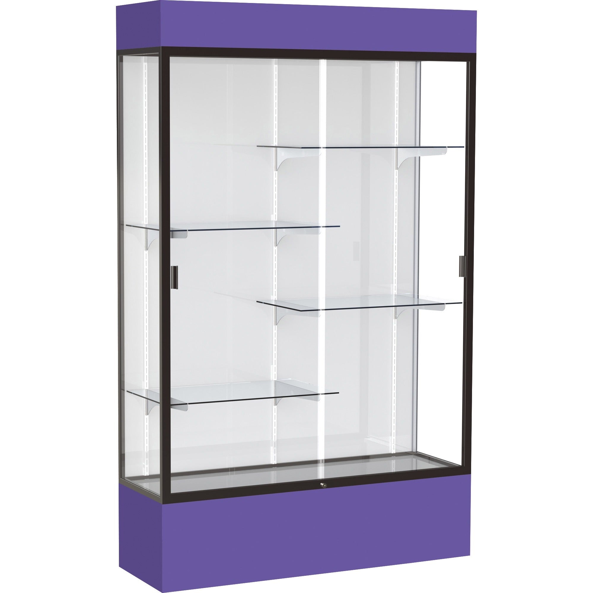 Waddell Lighted Floor Case, White Back w/ Dark Bronze Frame & Colored Base - 48" Width x 16" Depth x 80" Height - 4 x Shelf(ves) - Sliding Door(s) - 25 lb Load Capacity - Lockable, Adjustable Shelf, Handcrafted, LED Light - Purple - TAA Compliant