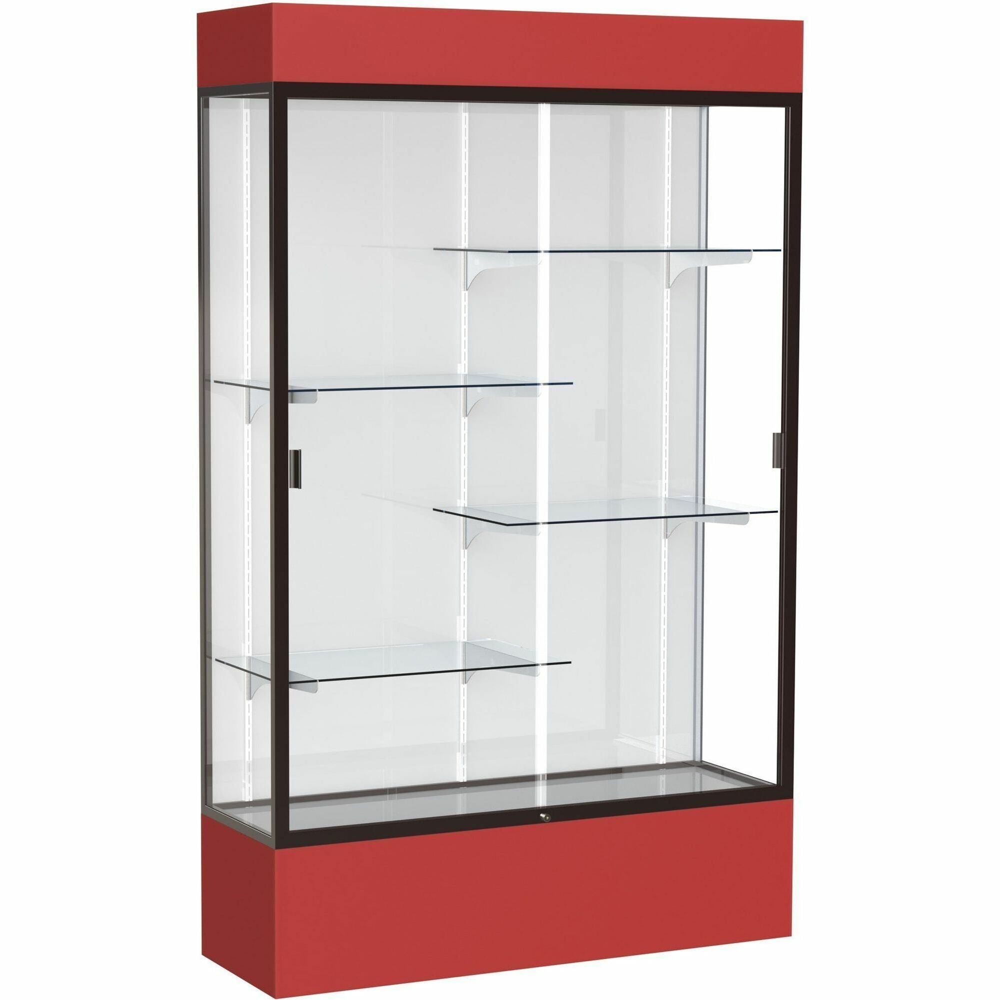 Waddell Lighted Floor Case, White Back w/ Dark Bronze Frame & Colored Base - 48" Width x 16" Depth x 80" Height - 4 x Shelf(ves) - Sliding Door(s) - 25 lb Load Capacity - Lockable, Adjustable Shelf, Handcrafted, LED Light - Red - TAA Compliant