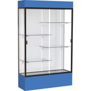 Waddell Spirit Lighted Floor Display Case, 48"W x 16"D x 80"H, 4 Adjustable Shelves, Sliding Tempered Glass Doors, Lockable, LED Lighting, Dark Bronze Frame, White Back, Royal Blue Base, 1 Each