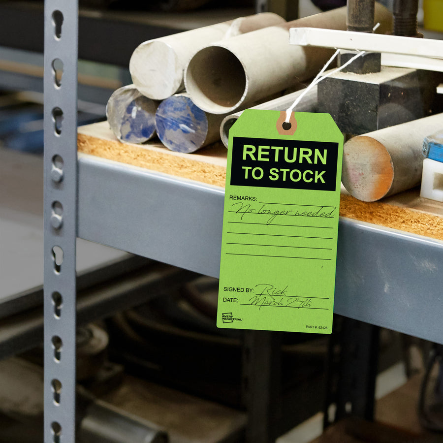 Avery&reg; RETURN TO STOCK Preprinted Inventory Tags - 5.75" Length x 3" Width - Rectangular - Card Stock - Green - 25/Pack - 12 / Carton