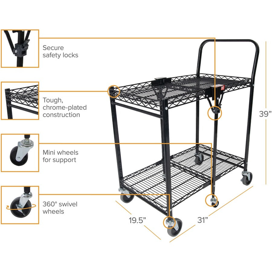 Bostitch Stowaway Folding Utility Cart - 2 Shelf - 400 lb Load Capacity - 6 Casters - Steel Frame - Black - 1 Each