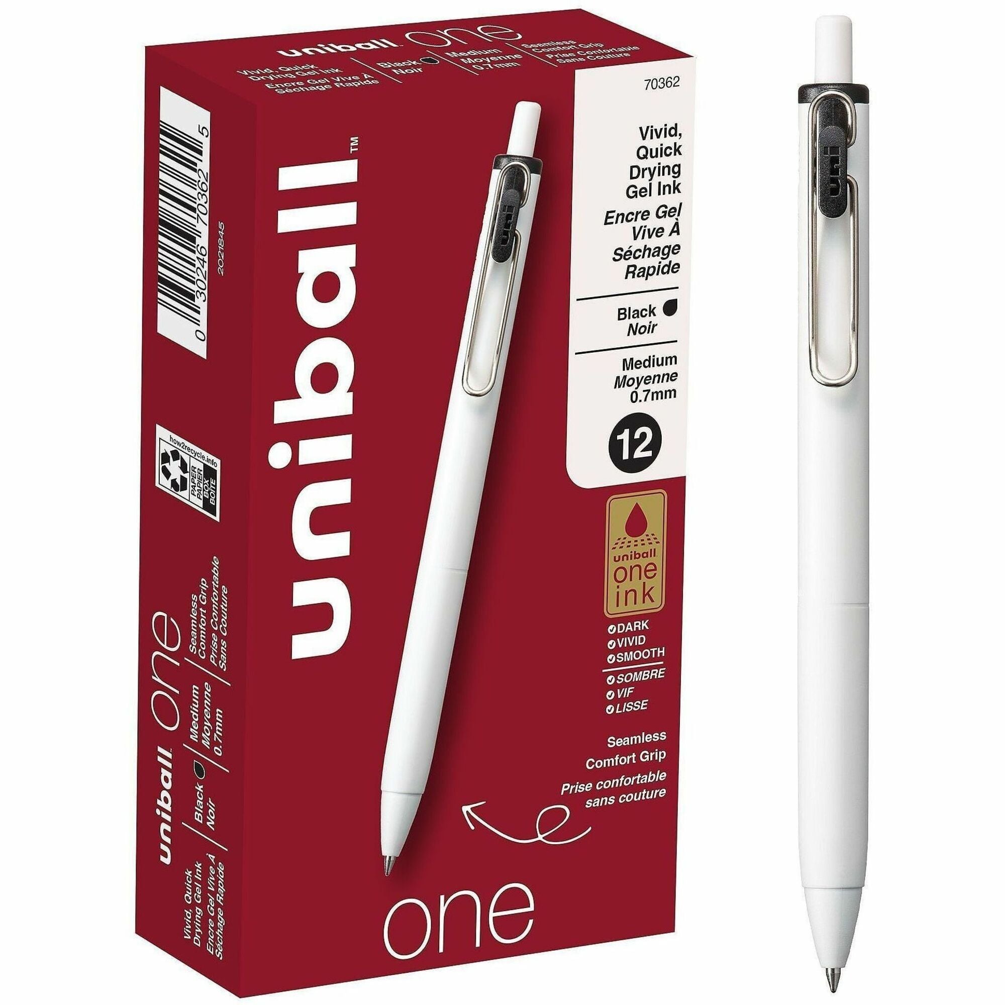 uniball™ ONE Gel Pen - 0.7 mm Medium Pen Point - Black Ink - Gel-based - 1 Dozen