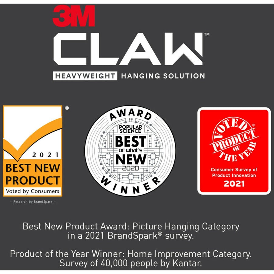 3M CLAW Drywall Picture Hanger - 65 lb (29.48 kg) Capacity - 1.2" Width x 2" Length - for Pictures, Project, Mirror, Frame, Home, Decoration - Steel - Gray - 2 / Pack