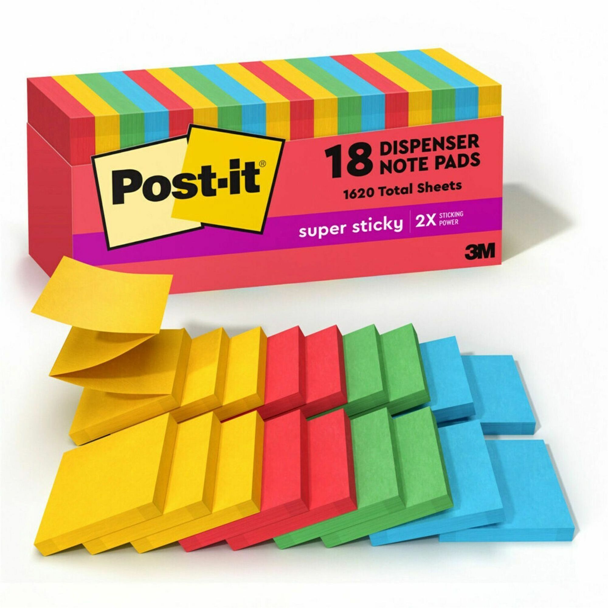 Post-it&reg; Super Sticky Dispenser Notes - Playful Primaries Color Collection - 3" Flag/Note Width x 3" Flag/Note Length - Square - Candy Apple Red, Blue Paradise, Sunnyside, Lucky Green - Paper - Pop-up, Recyclable - 1 Pack