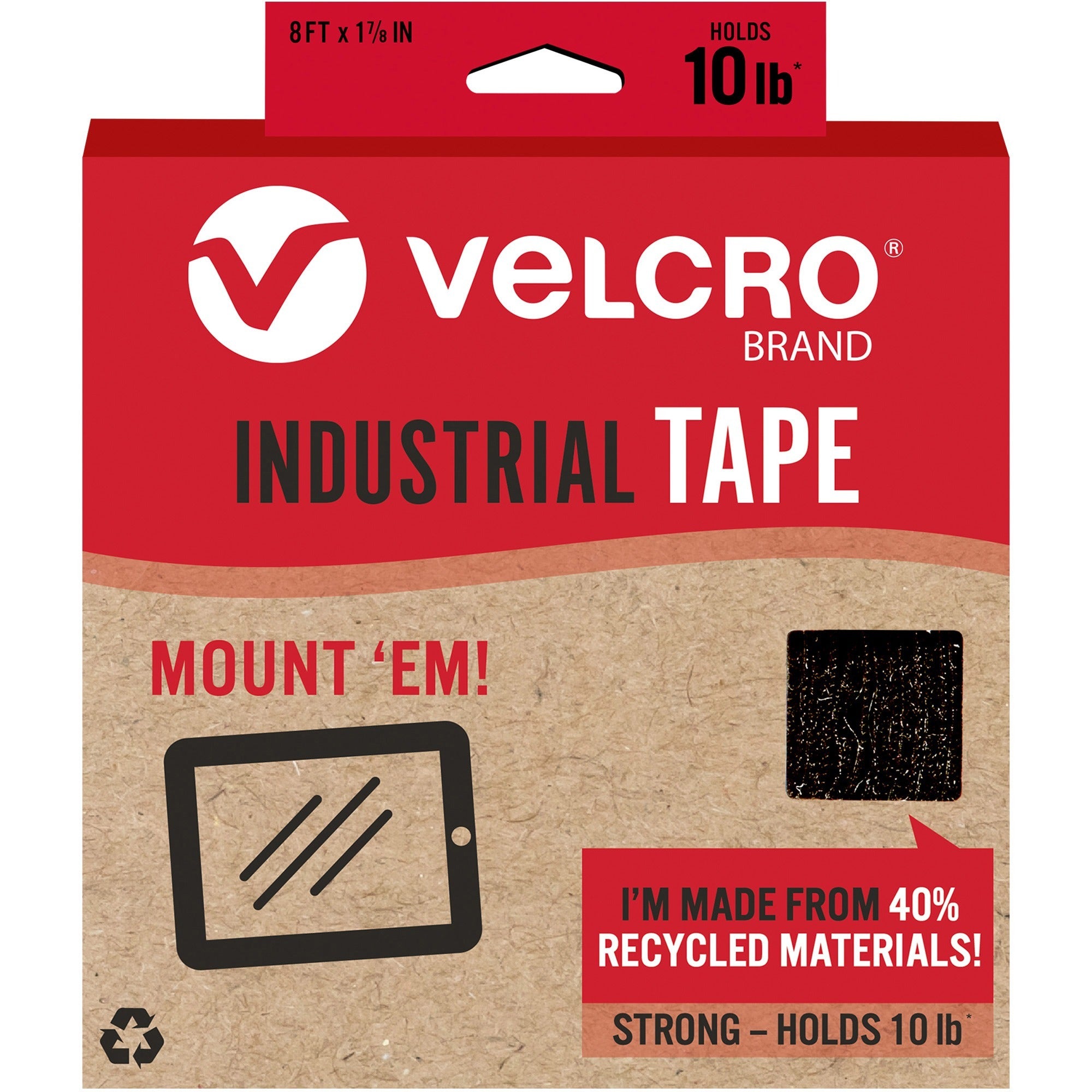 VELCRO&reg; Eco Collection Adhesive Backed Tape - 8 ft Length x 1.88" Width - Black - 1 Each