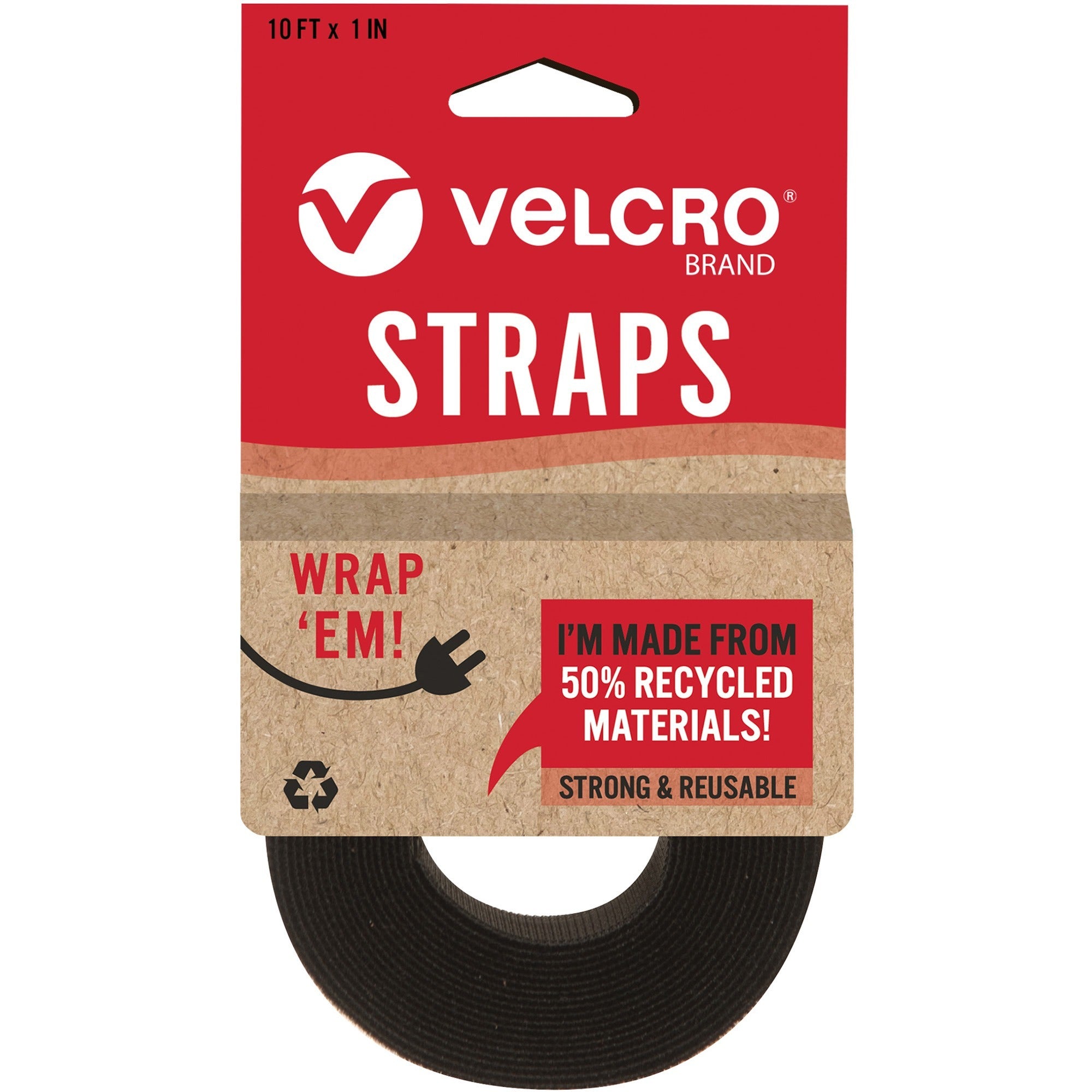 VELCRO&reg; Strap,Adjustable,Reusable,Recycled,1"x10',Black