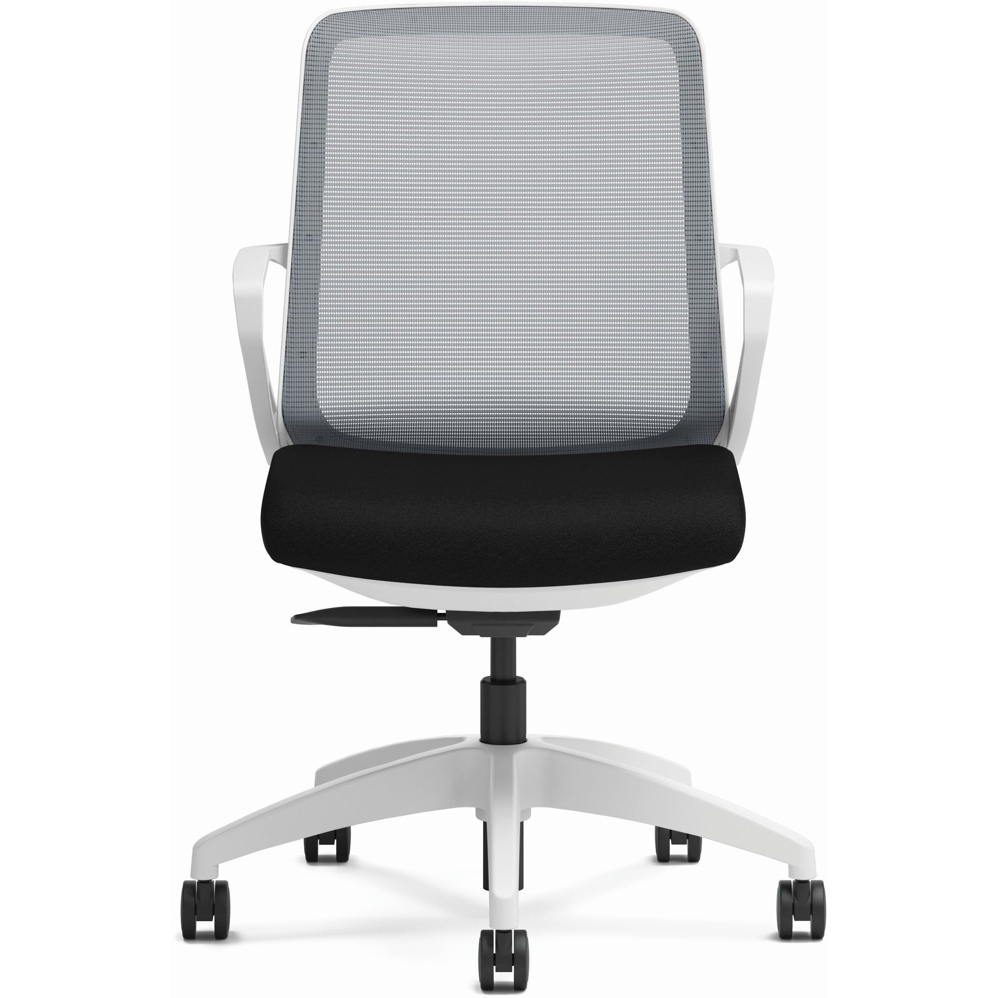 HON Cliq Chair, Black Fabric Seat, Fog Mesh Back, Designer White Frame, 5-Star Base, Adjustable Height, Swivel, Tilt, 1 Each