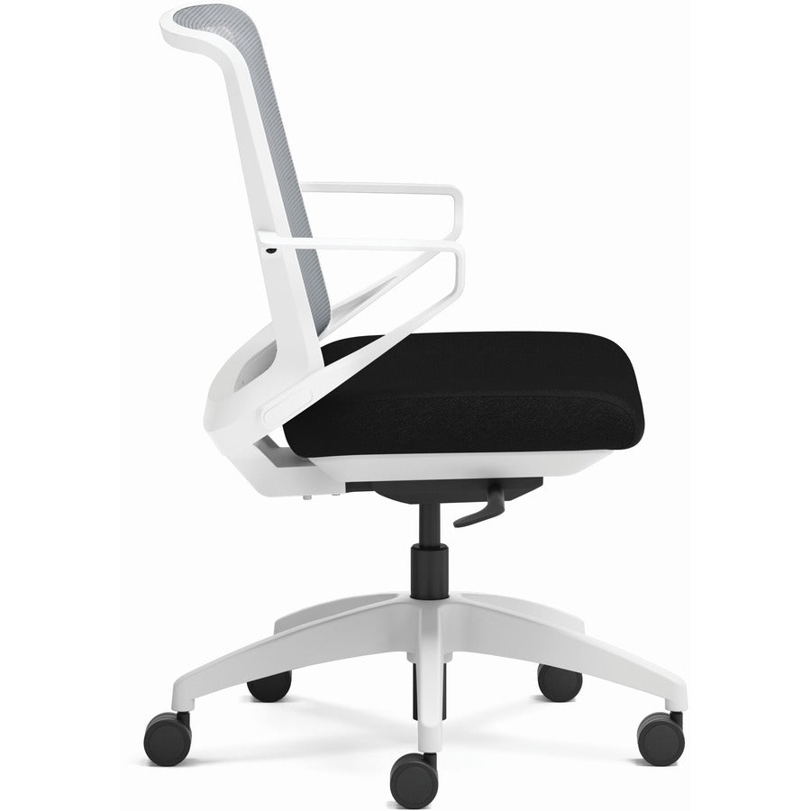 HON Cliq Chair, Black Fabric Seat, Fog Mesh Back, Designer White Frame, 5-Star Base, Adjustable Height, Swivel, Tilt, 1 Each