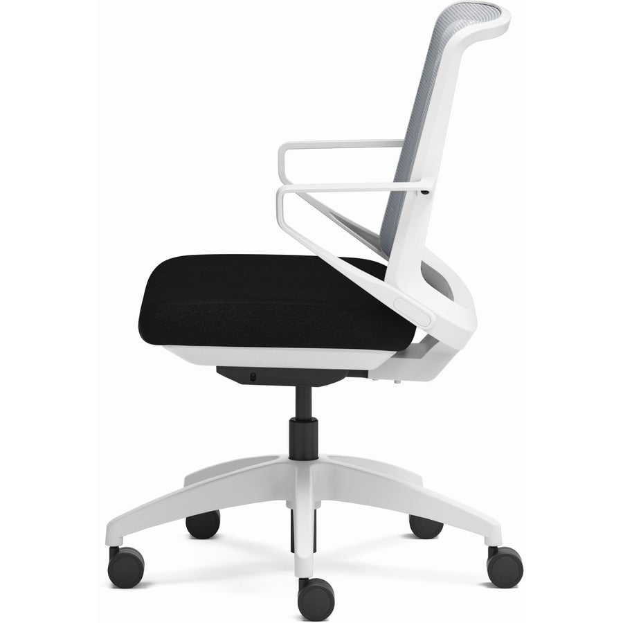 HON Cliq Chair, Black Fabric Seat, Fog Mesh Back, Designer White Frame, 5-Star Base, Adjustable Height, Swivel, Tilt, 1 Each