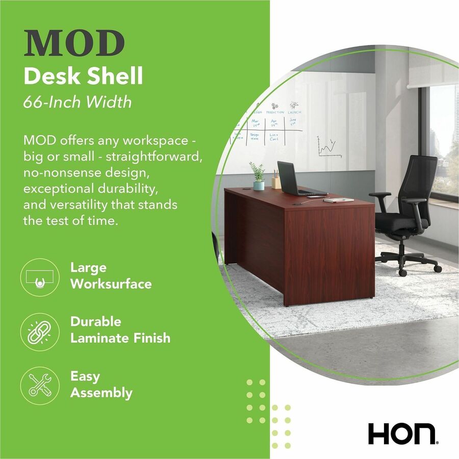HON Mod Desk Shell, 29"H x 66"W x 30"D, Traditional Mahogany Laminate, 1 Each