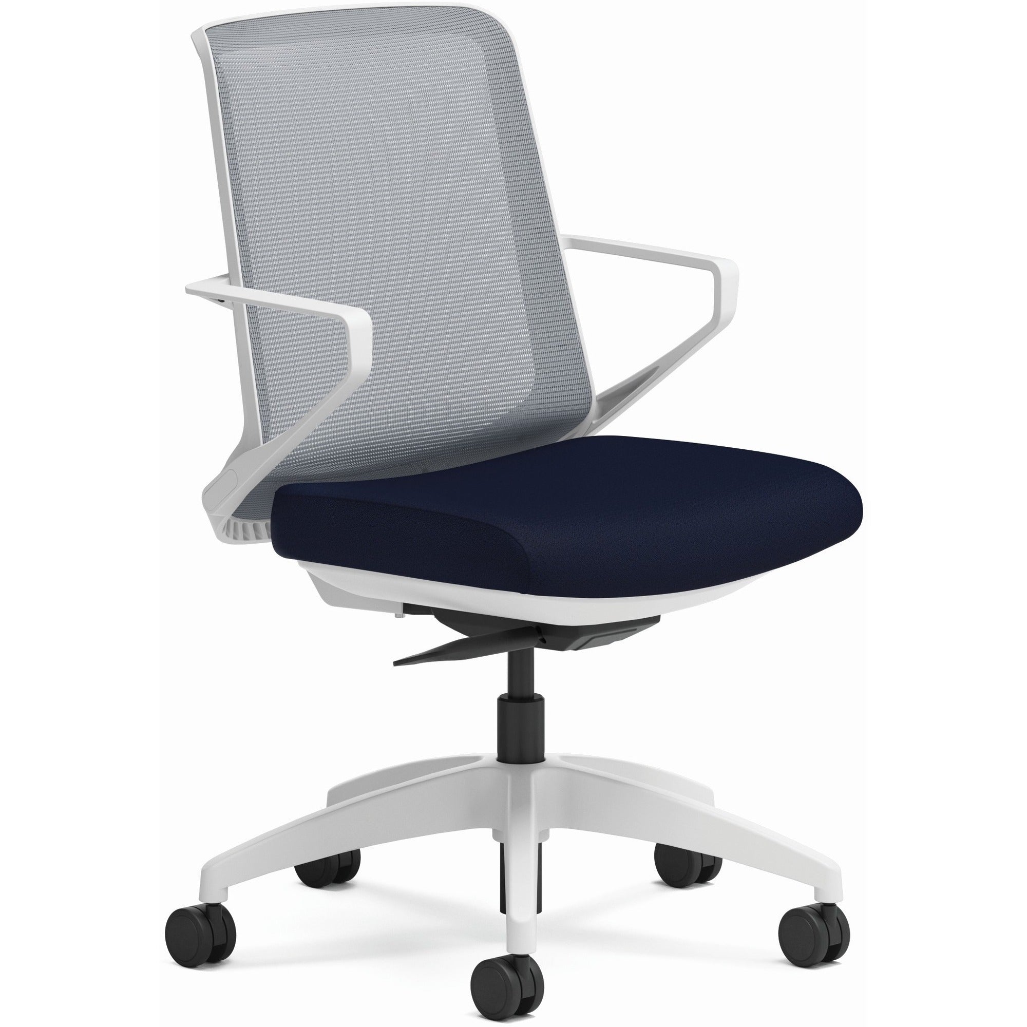 HON Cliq Chair, Navy Seat, Fog Mesh Back, Designer White Frame, Armrest, 1 Each