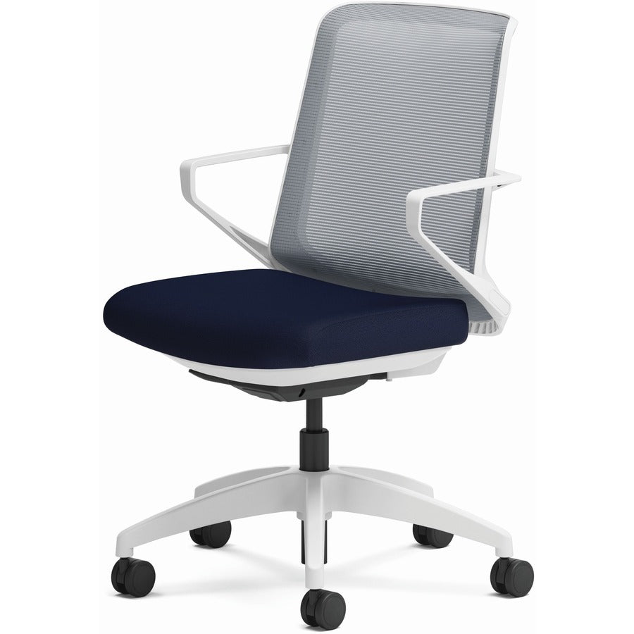 HON Cliq Chair, Navy Seat, Fog Mesh Back, Designer White Frame, Armrest, 1 Each