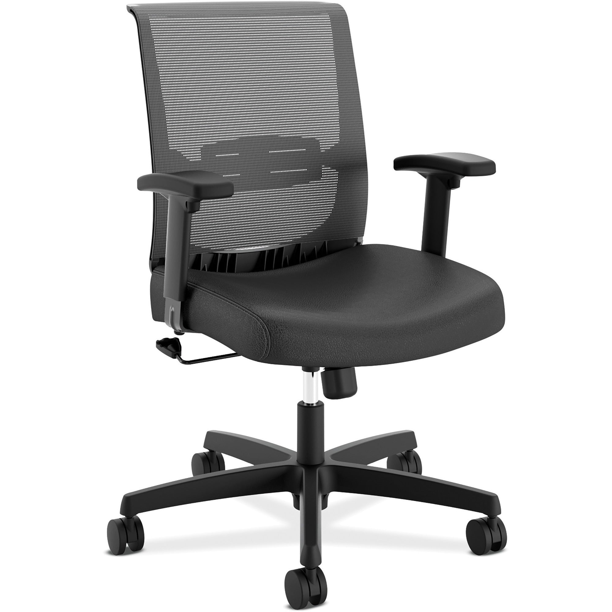 HON Convergence Chair, Black Vinyl Seat, Mesh Back, Adjustable Arms, 5-Star Base, 1 Each