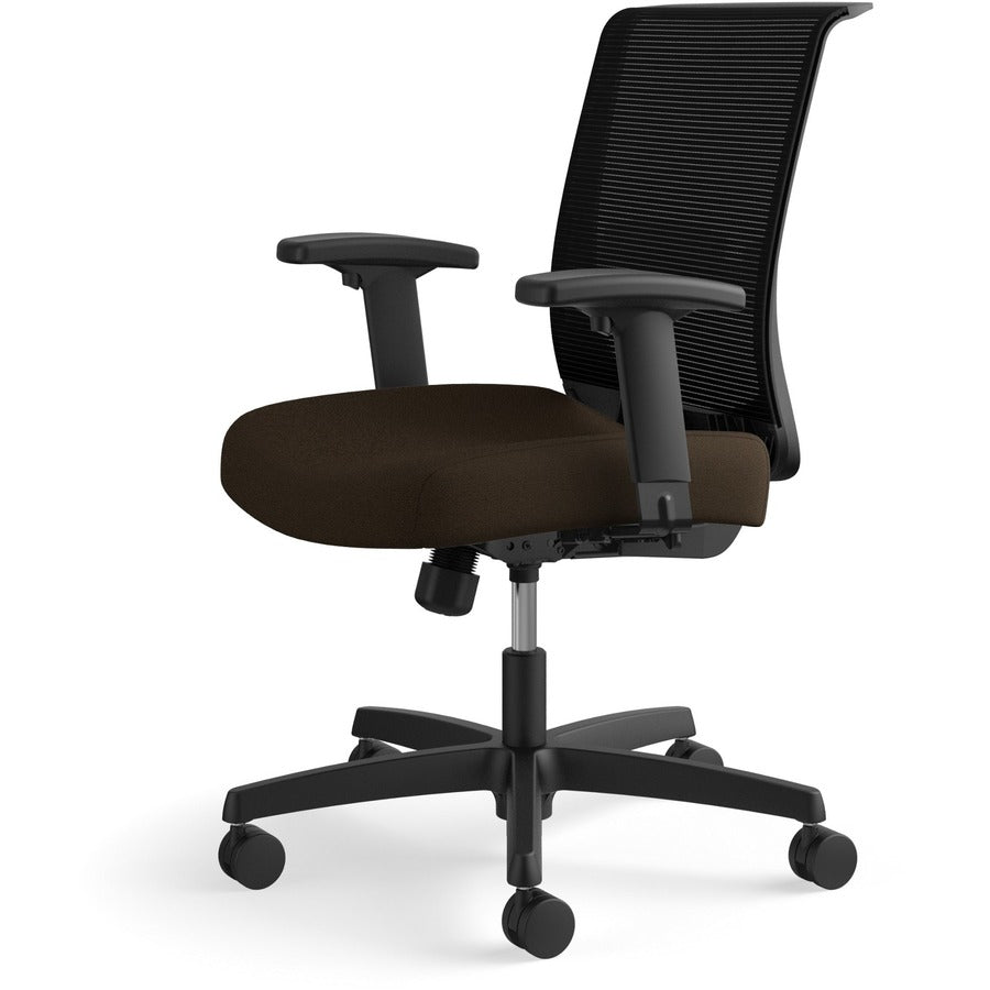 HON Convergence Chair, Espresso Fabric Seat, Black Mesh Back, Adjustable Arms, 5-Star Base, 1 Each