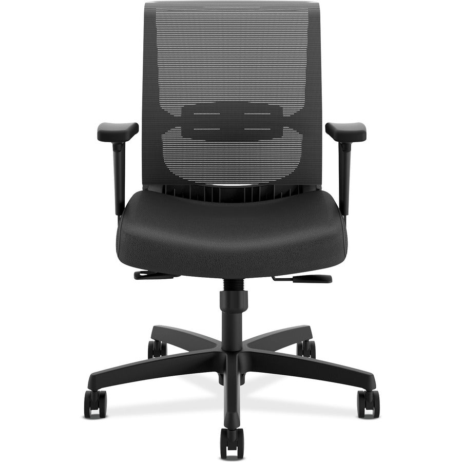 HON Convergence Chair, Vinyl Seat, Mesh Back, Adjustable Arms, Black Frame, 5-Star Base, Black, 1 Each