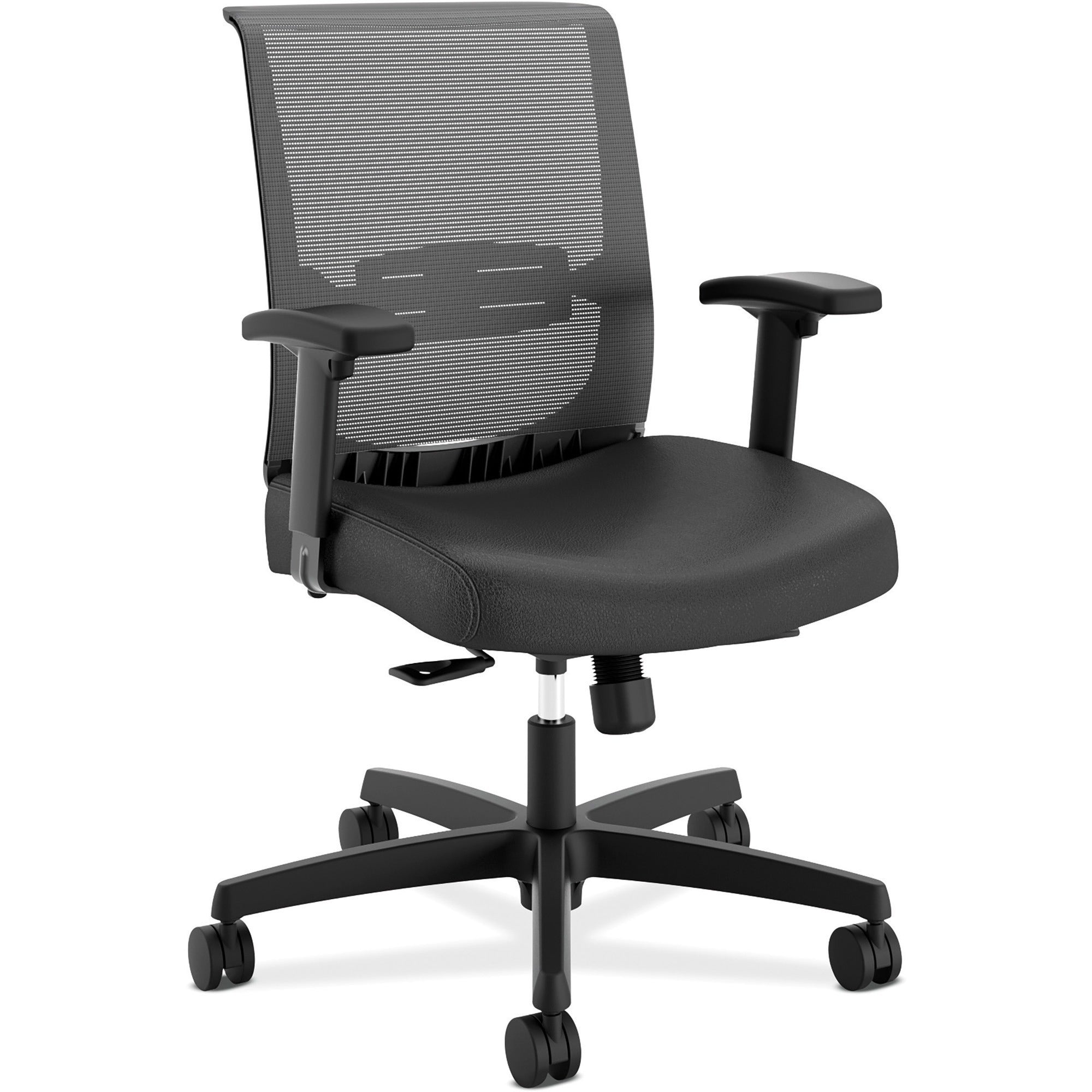 HON Convergence Chair, Vinyl Seat, Mesh Back, Adjustable Arms, Black Frame, 5-Star Base, Black, 1 Each