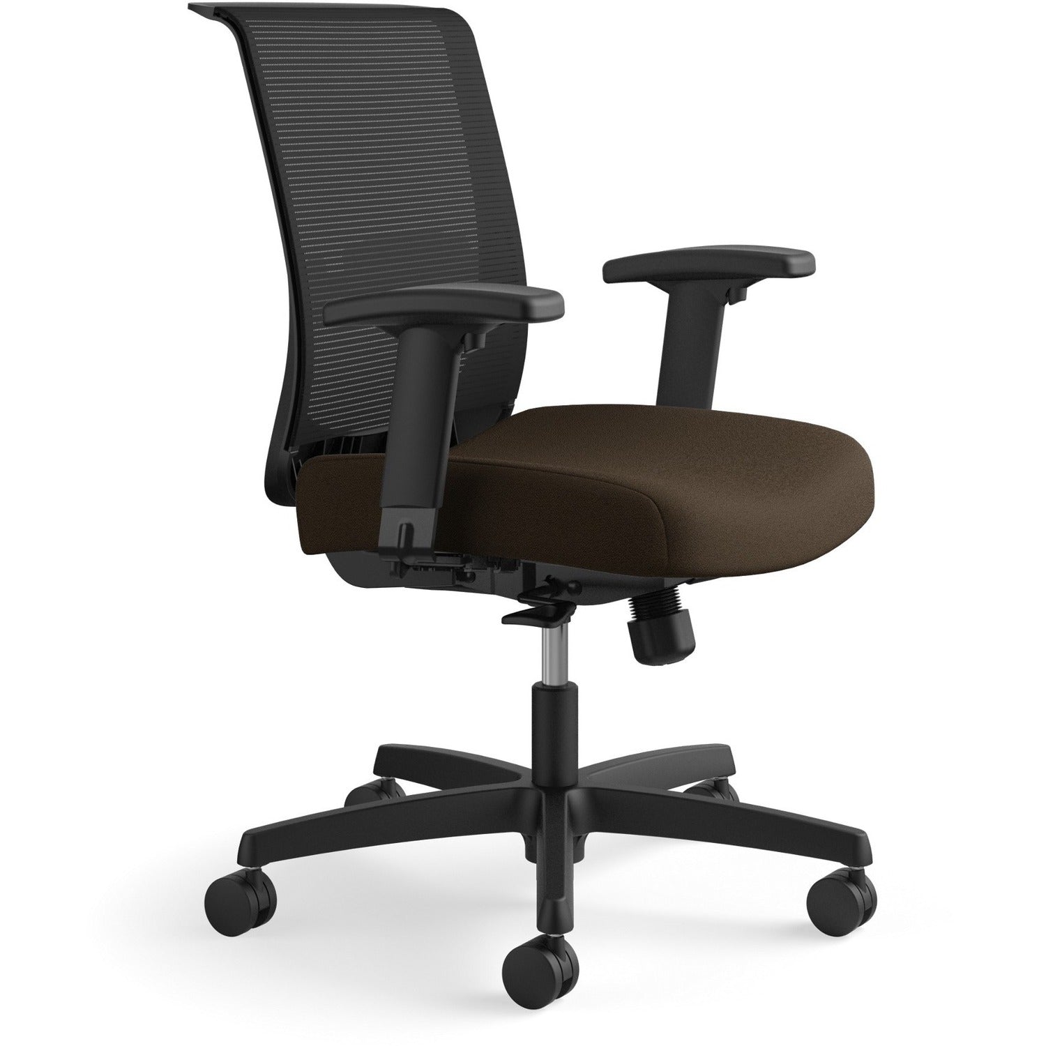 HON Convergence Chair, Espresso Vinyl/Fabric Seat, Black Mesh Back, Adjustable Arms, 5-Star Base, 1 Each
