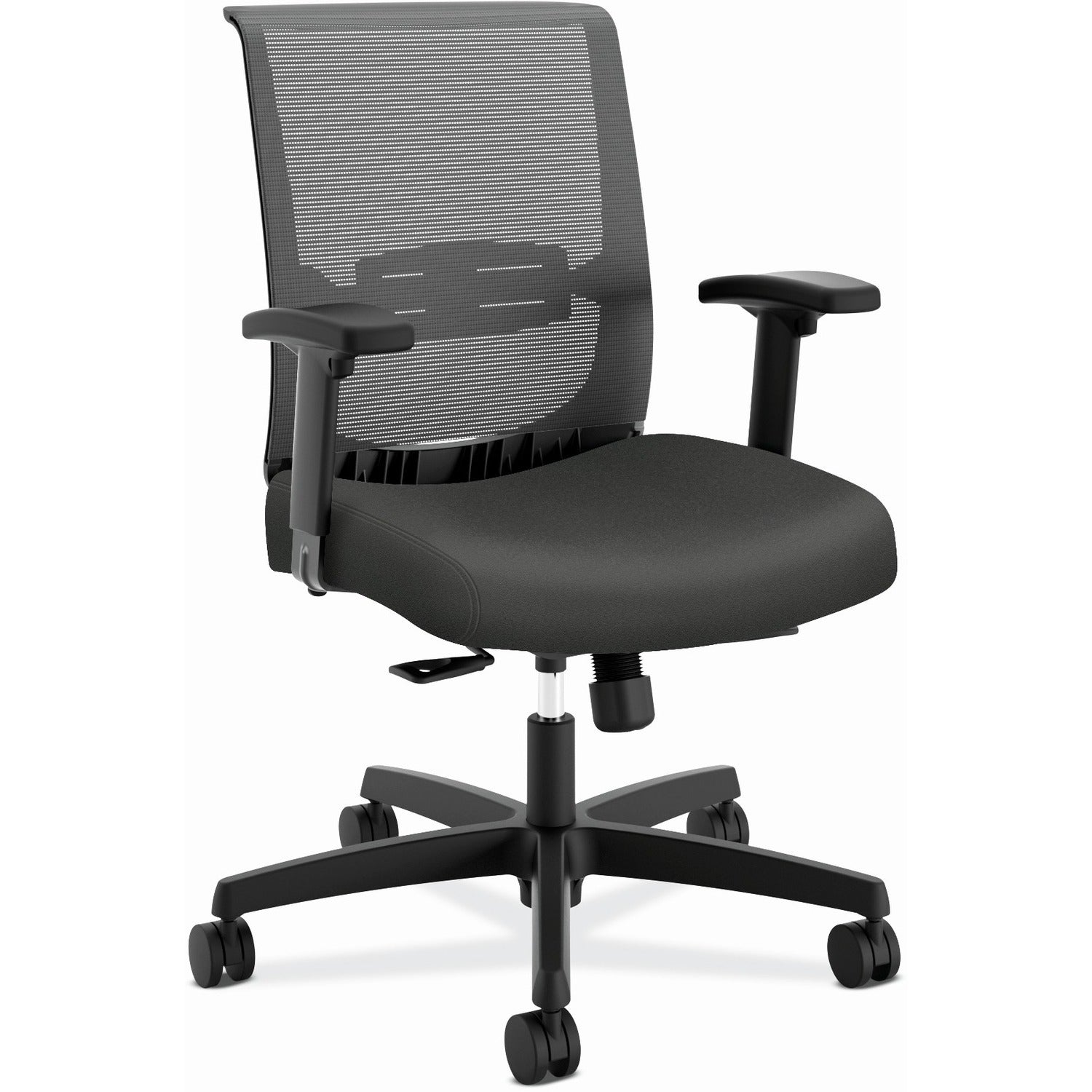 HON Convergence Chair, Black Vinyl/Fabric Seat, Mesh Back, Adjustable Arms, 5-Star Iron Ore Base, 1 Each