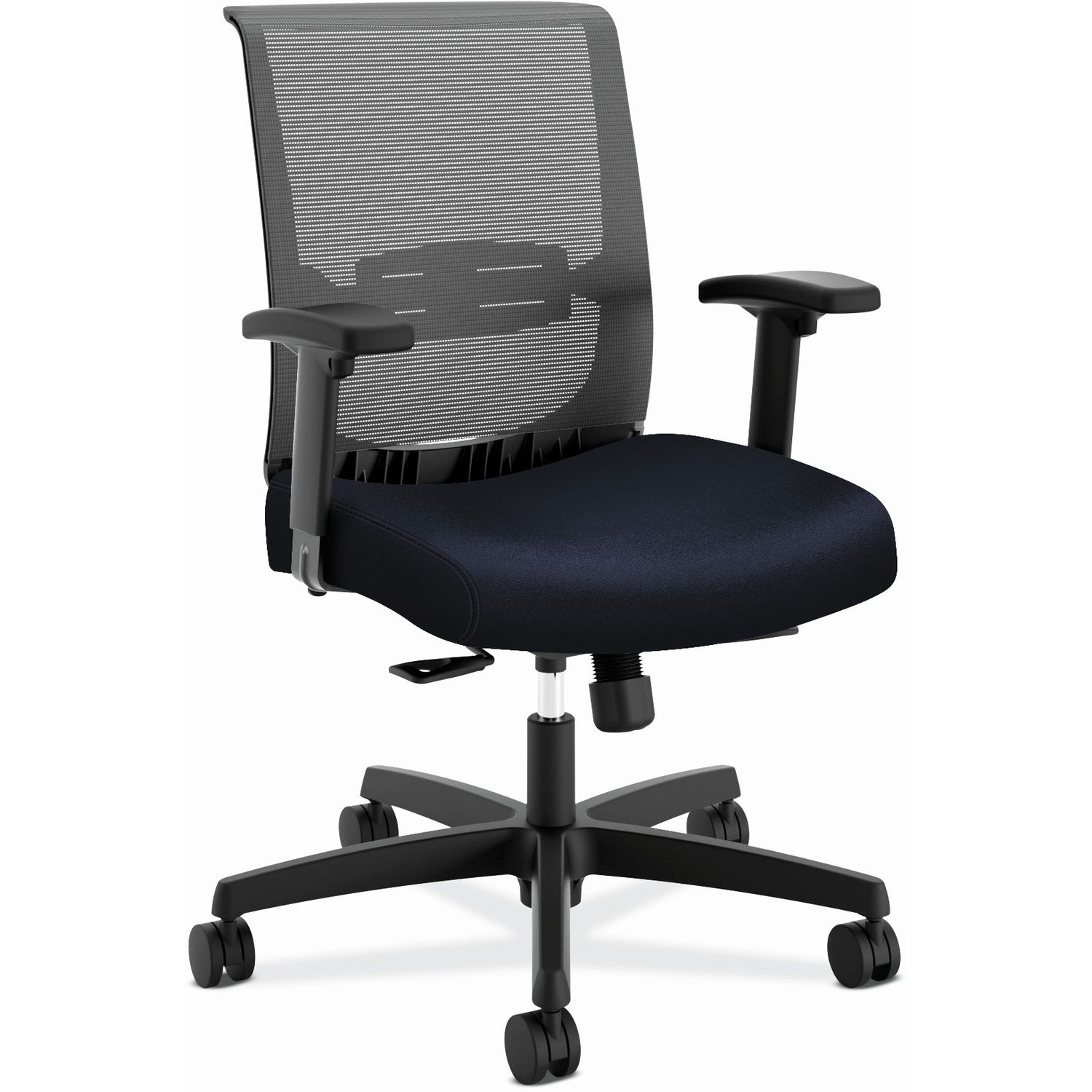 HON Convergence Chair, Navy Vinyl/Fabric Seat, Black Mesh Back, Adjustable Arms, 5-Star Base, 1 Each