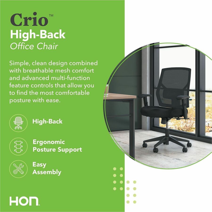 HON Crio Chair, High Back, Black Mesh Back, Black Fabric Seat, Adjustable Arms, 5-Star Base, 1 Each