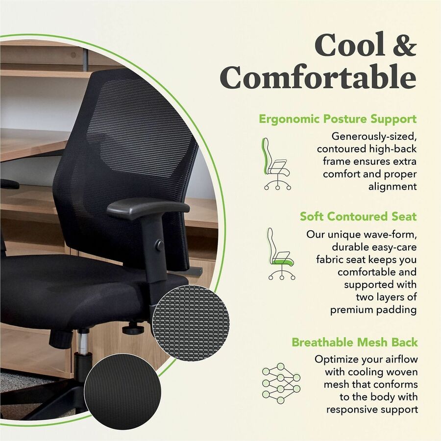 HON Crio Chair, High Back, Black Mesh Back, Black Fabric Seat, Adjustable Arms, 5-Star Base, 1 Each