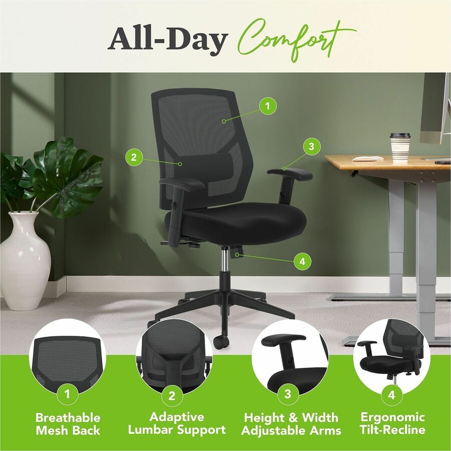 HON Crio Chair, High Back, Black Mesh Back, Black Fabric Seat, Adjustable Arms, 5-Star Base, 1 Each