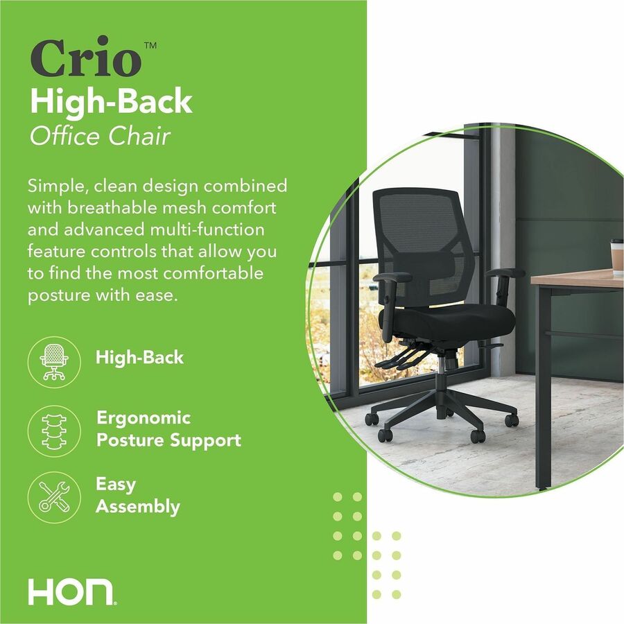HON Crio Chair, High Back, Black Mesh Back, Black Fabric Seat, Adjustable Arms, 5-Star Base, 1 Each