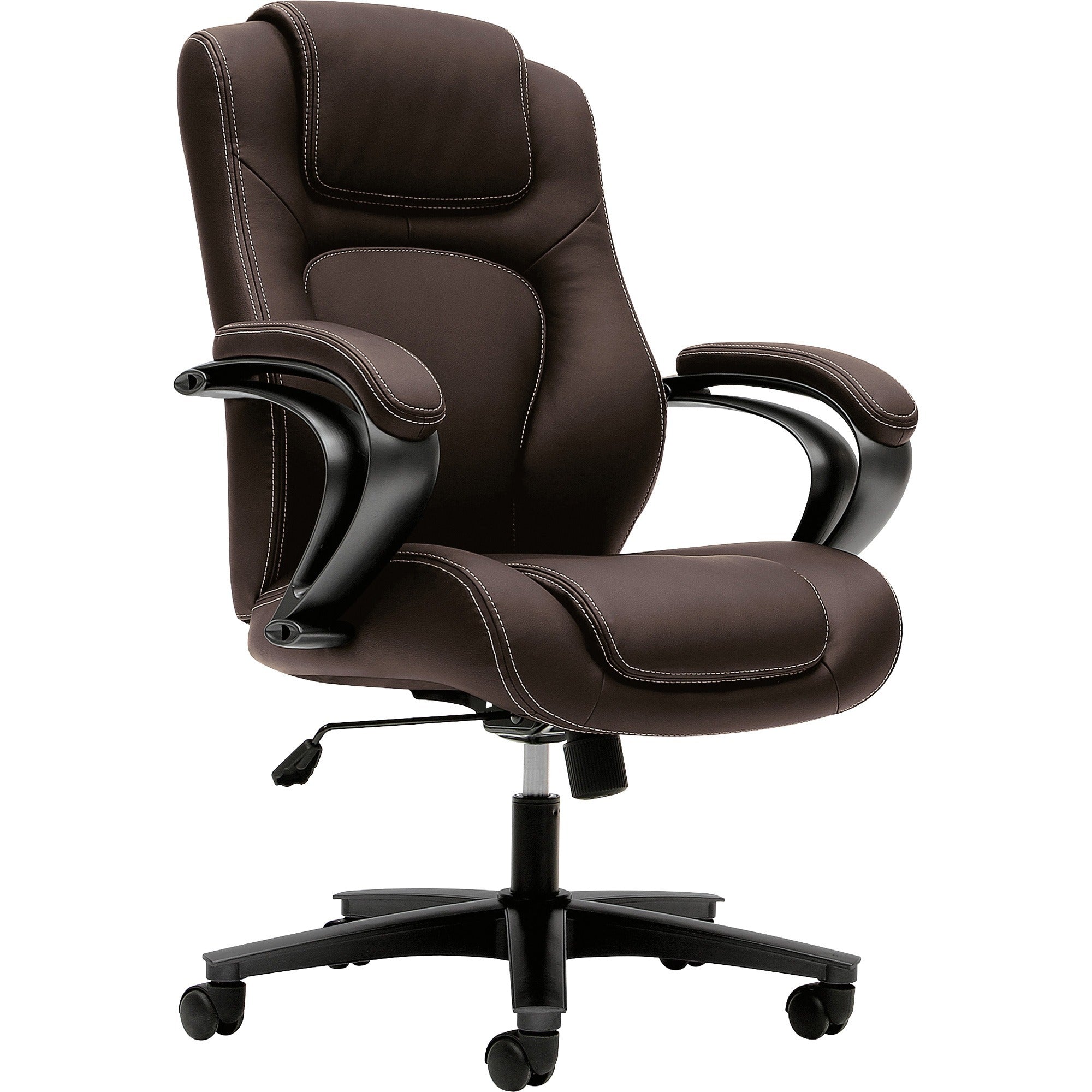 HON Executive High-Back Chair, Brown Seat, Black Vinyl Back, Black Frame, 5-Star Base, Fixed Loop Arms, 1 Each