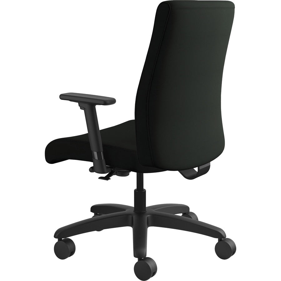 HON Ignition Mid-Back Chair, Black Vinyl Seat, Black Fabric Back, Adjustable Arms, 360° Swivel, Tilt Lock, 1 Each