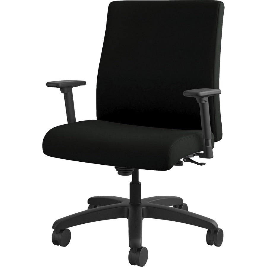 HON Ignition Mid-Back Chair, Black Vinyl Seat, Black Fabric Back, Adjustable Arms, 360° Swivel, Tilt Lock, 1 Each