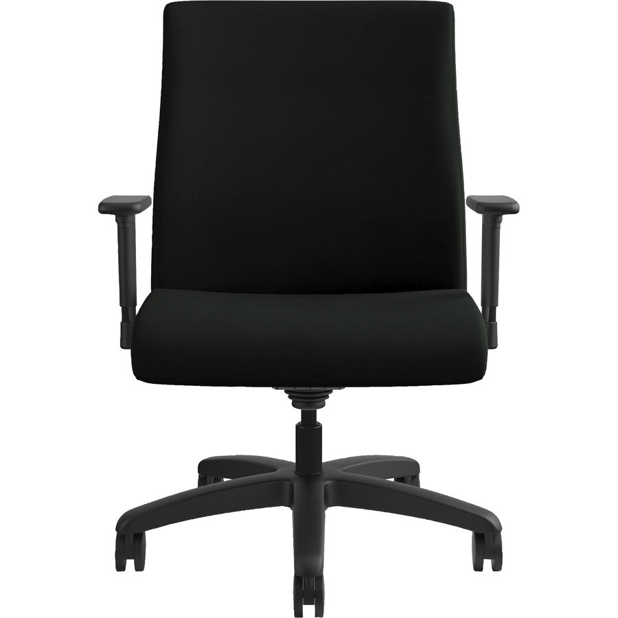 HON Ignition Mid-Back Chair, Black Vinyl Seat, Black Fabric Back, Adjustable Arms, 360° Swivel, Tilt Lock, 1 Each