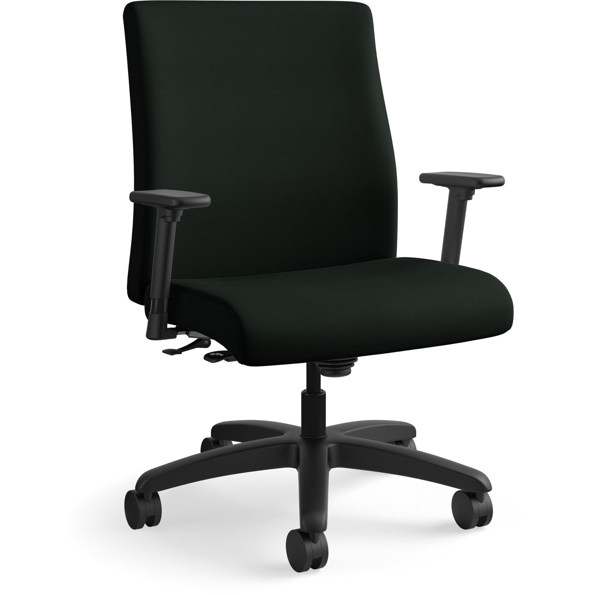 HON Ignition Mid-Back Chair, Black Vinyl Seat, Black Fabric Back, Adjustable Arms, 360° Swivel, Tilt Lock, 1 Each