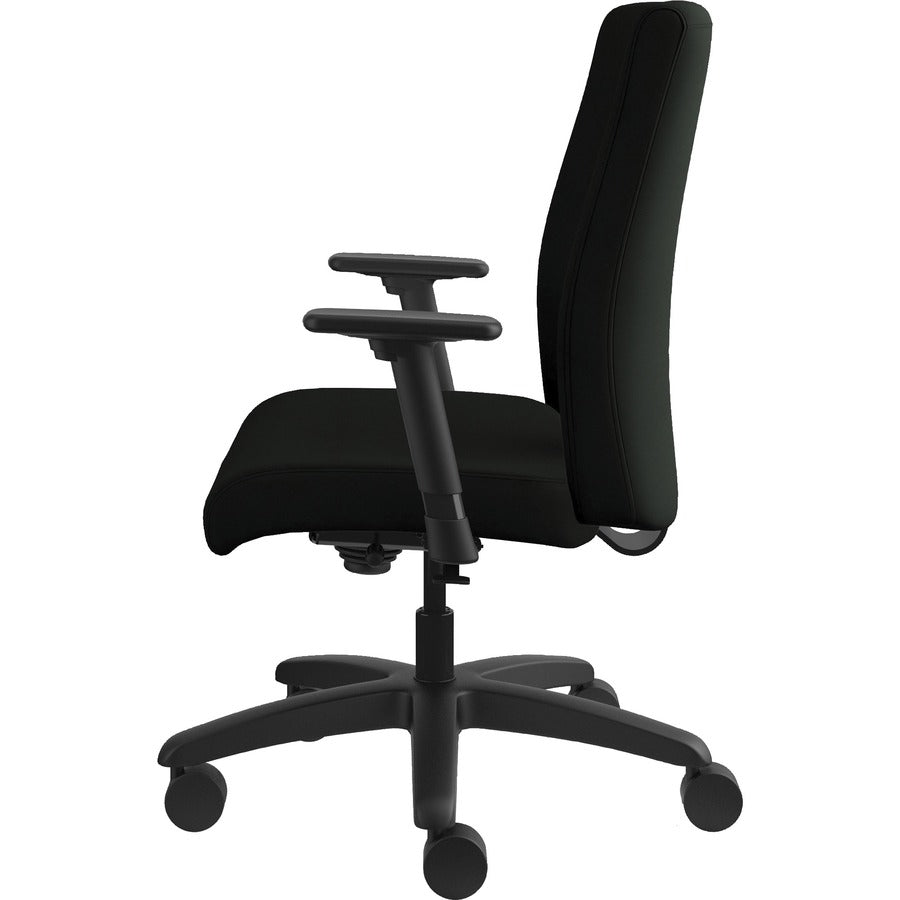 HON Ignition Mid-Back Chair, Black Vinyl Seat, Black Fabric Back, Adjustable Arms, 360° Swivel, Tilt Lock, 1 Each