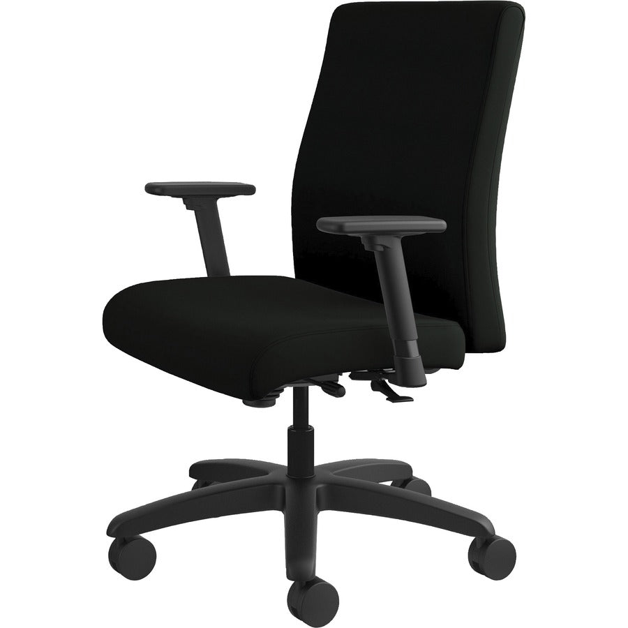 HON Ignition Mid-Back Chair, Black Vinyl Seat, Black Fabric Back, Adjustable Arms, 360° Swivel, Tilt Lock, 1 Each