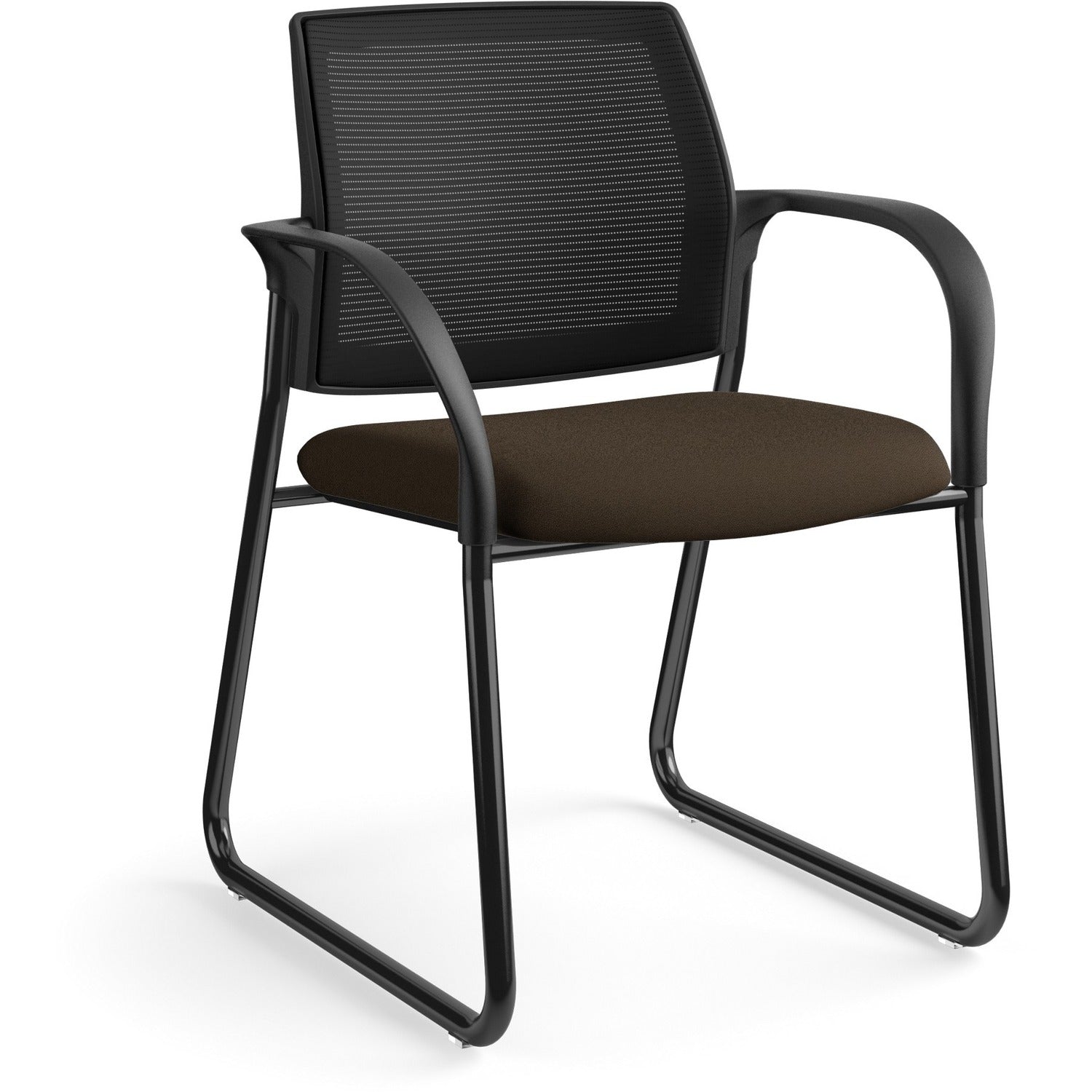 HON Ignition Chair, Espresso Fabric Seat, Black Mesh Back, Black Steel Sled Base, Armrests, 1 Each
