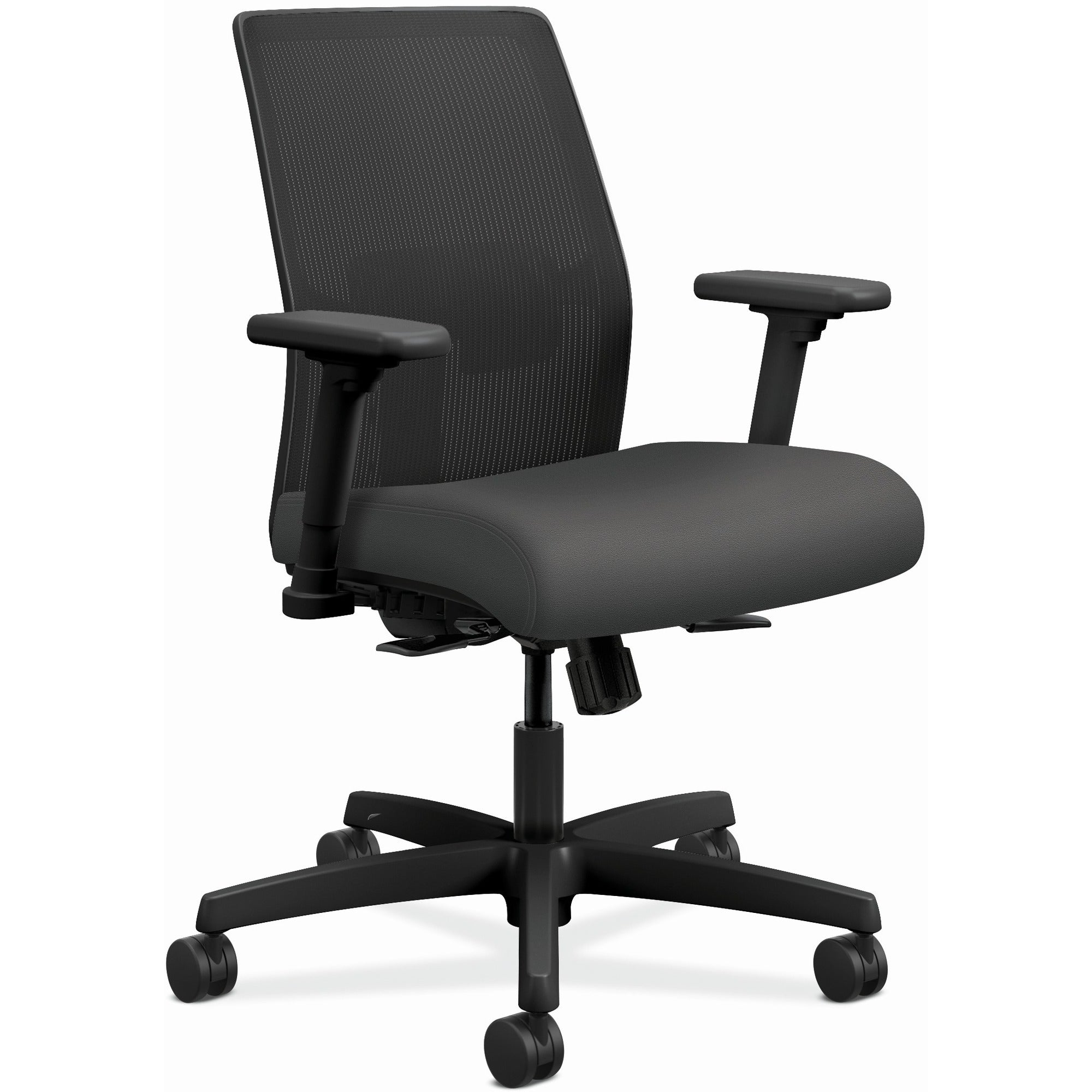 HON Ignition 2.0 Chair, Iron Ore Fabric Seat, Black Mesh Back, Adjustable Arms, Black Frame, 1 Each