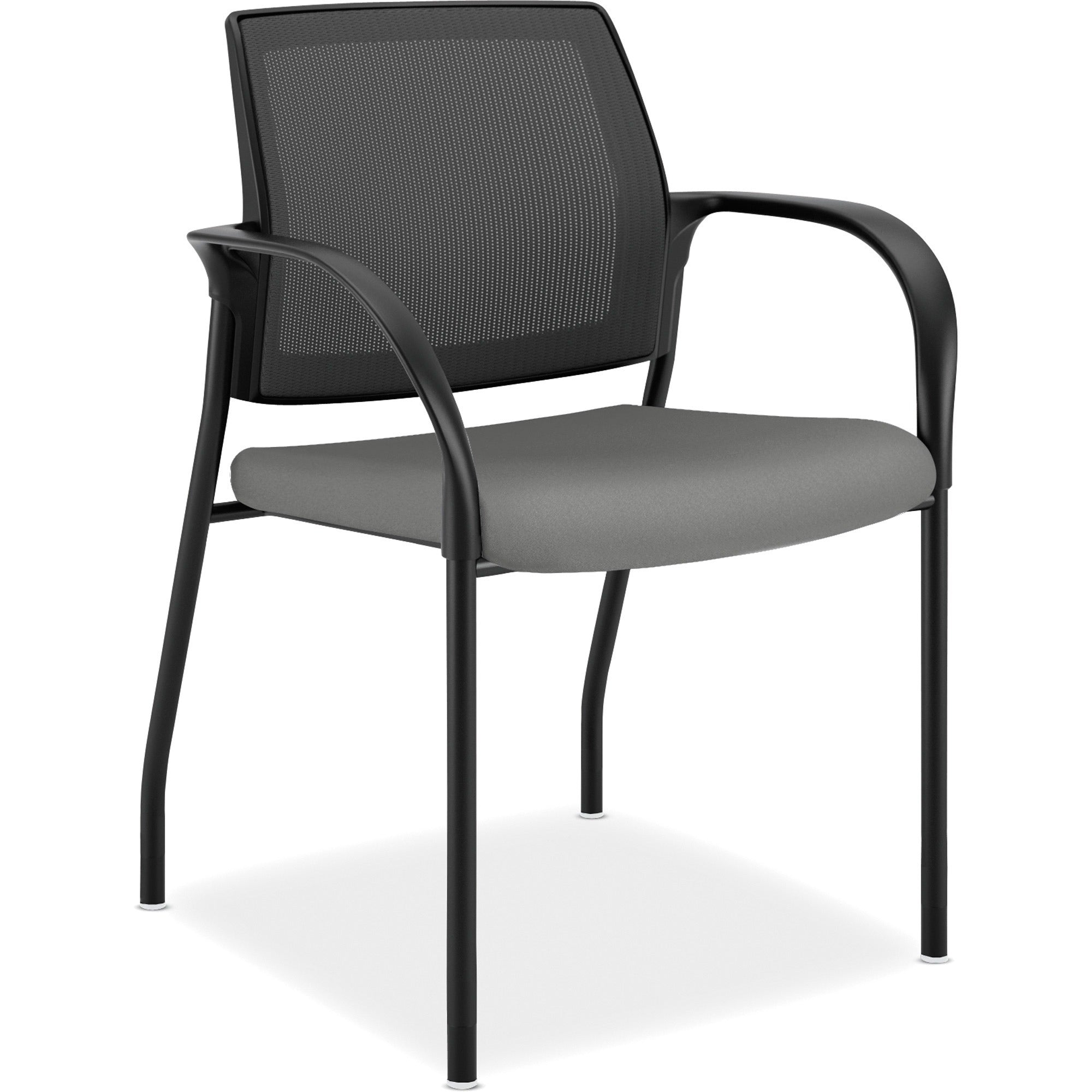 HON Ignition Stacking Chair, Frost Fabric Seat, Mesh Back, Black Steel Frame, Armrests, 1 Each
