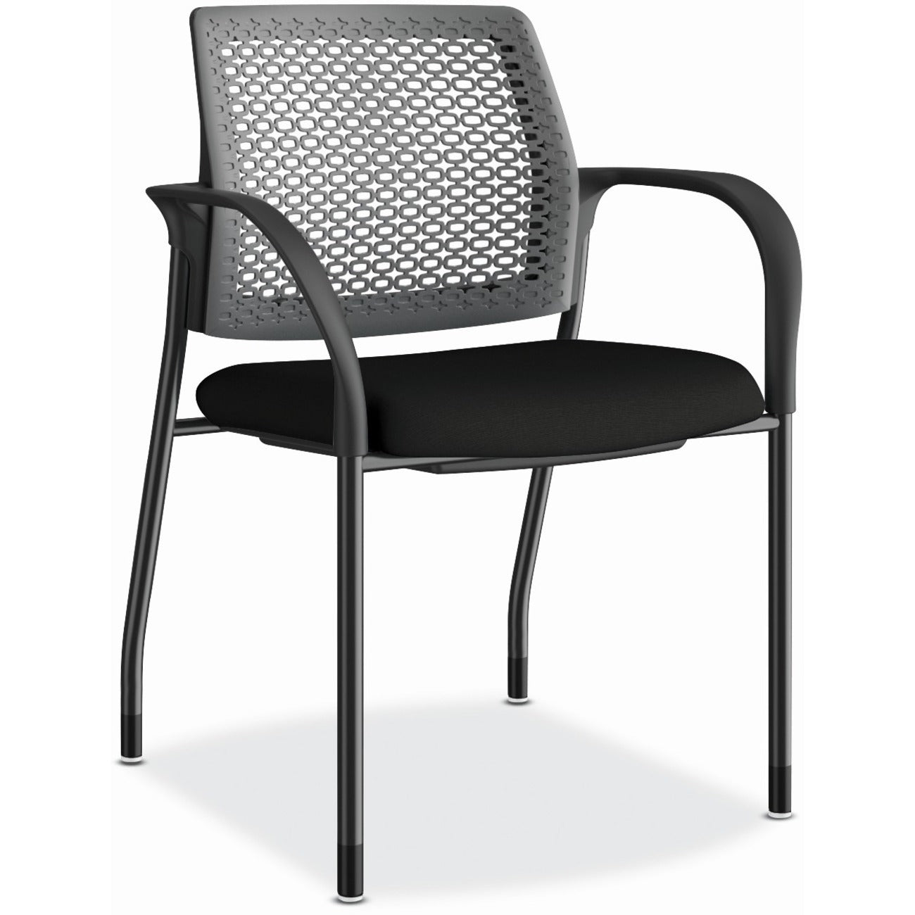 HON Ignition Stacking Chair, Black Fabric Seat, Charcoal Back, Steel Frame, Armrests, 1 Each