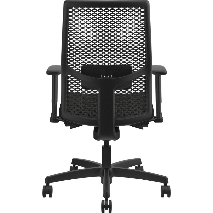 HON Ignition ReActiv Chair, Black Vinyl Seat, Black Mesh Mid Back, Adjustable Arms, Black Frame, 1 Each