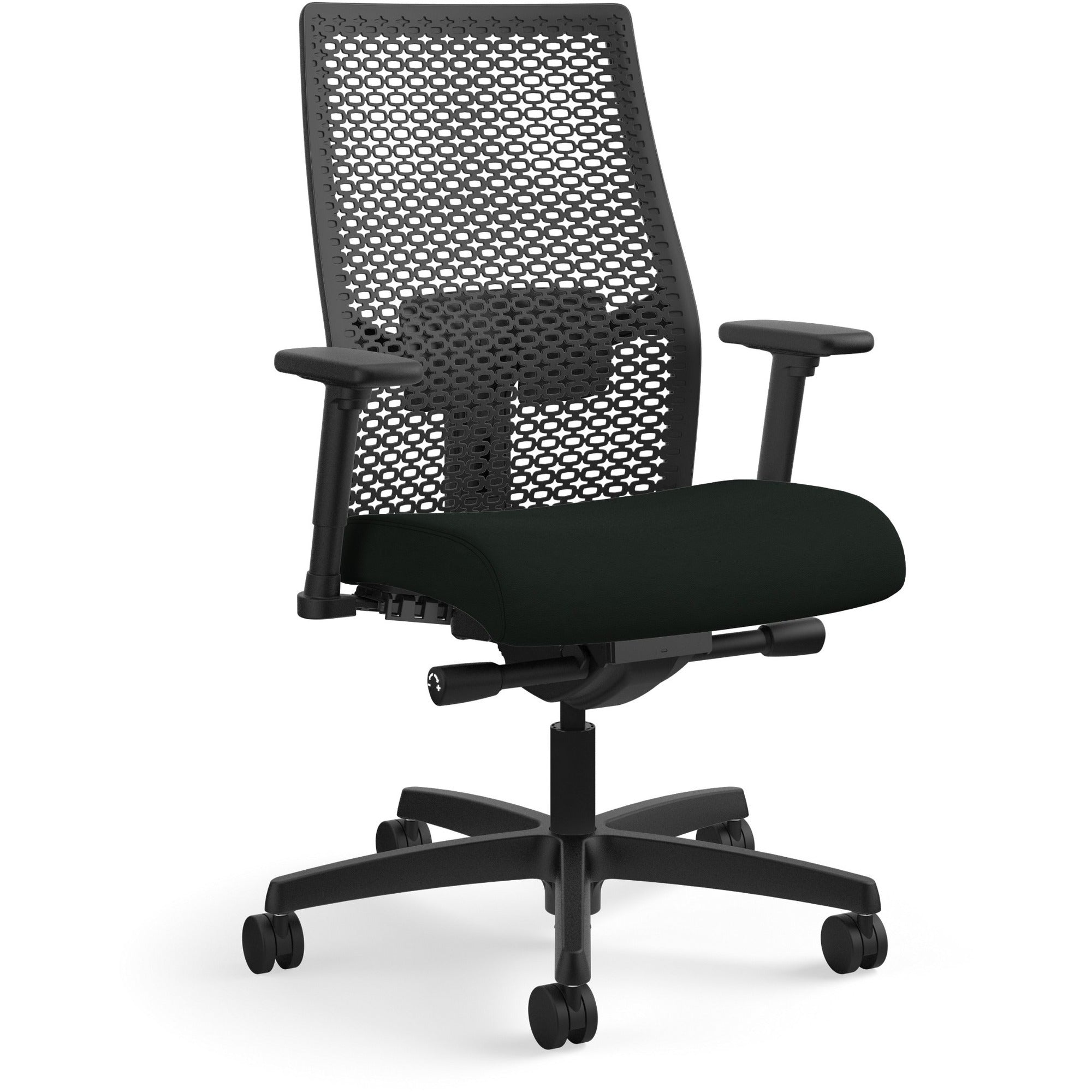HON Ignition ReActiv Chair, Black Vinyl Seat, Black Mesh Mid Back, Adjustable Arms, Black Frame, 1 Each
