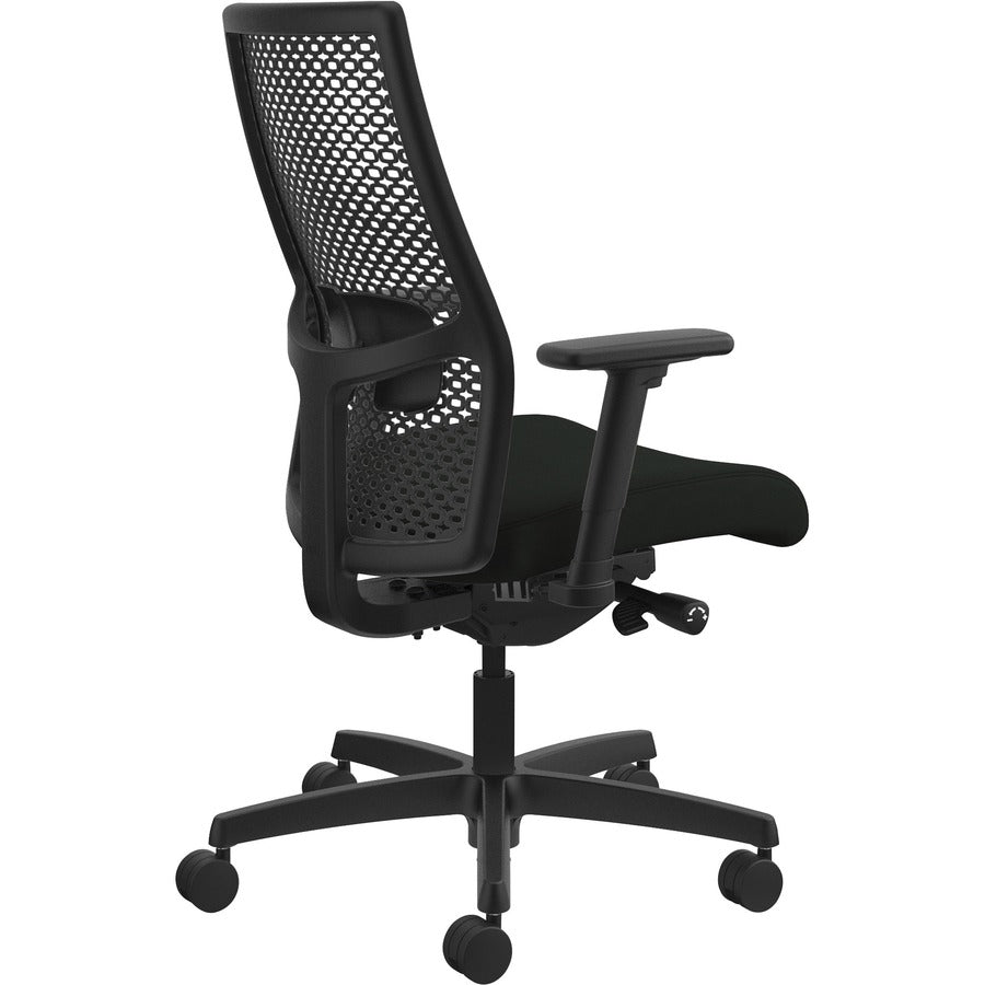 HON Ignition ReActiv Chair, Black Vinyl Seat, Black Mesh Mid Back, Adjustable Arms, Black Frame, 1 Each