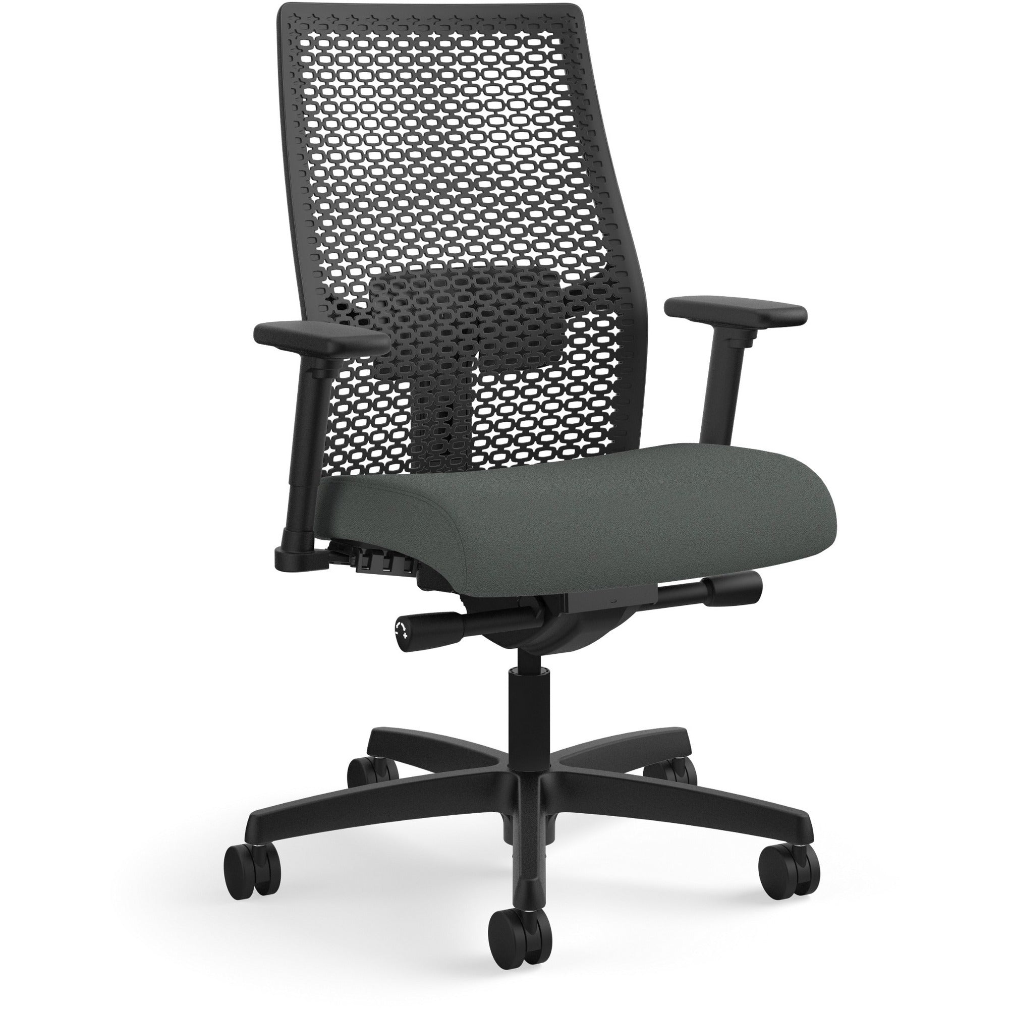 HON Ignition ReActiv Chair, Iron Ore Fabric Seat, Black Mesh Mid Back, Adjustable Arms, Black Frame, 1 Each