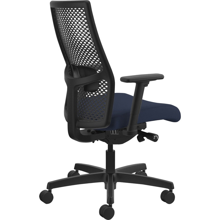 HON Ignition ReActiv Chair, Navy Fabric Seat, Black Mesh Mid Back, Adjustable Arms, Black Frame, 1 Each