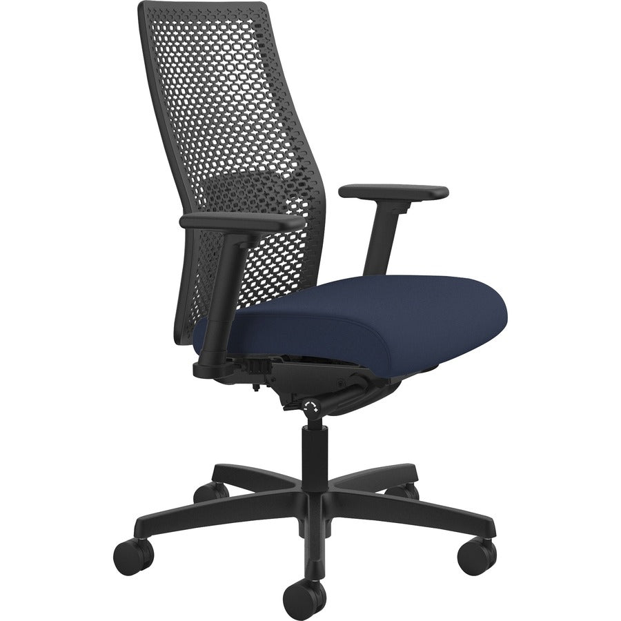 HON Ignition ReActiv Chair, Navy Fabric Seat, Black Mesh Mid Back, Adjustable Arms, Black Frame, 1 Each