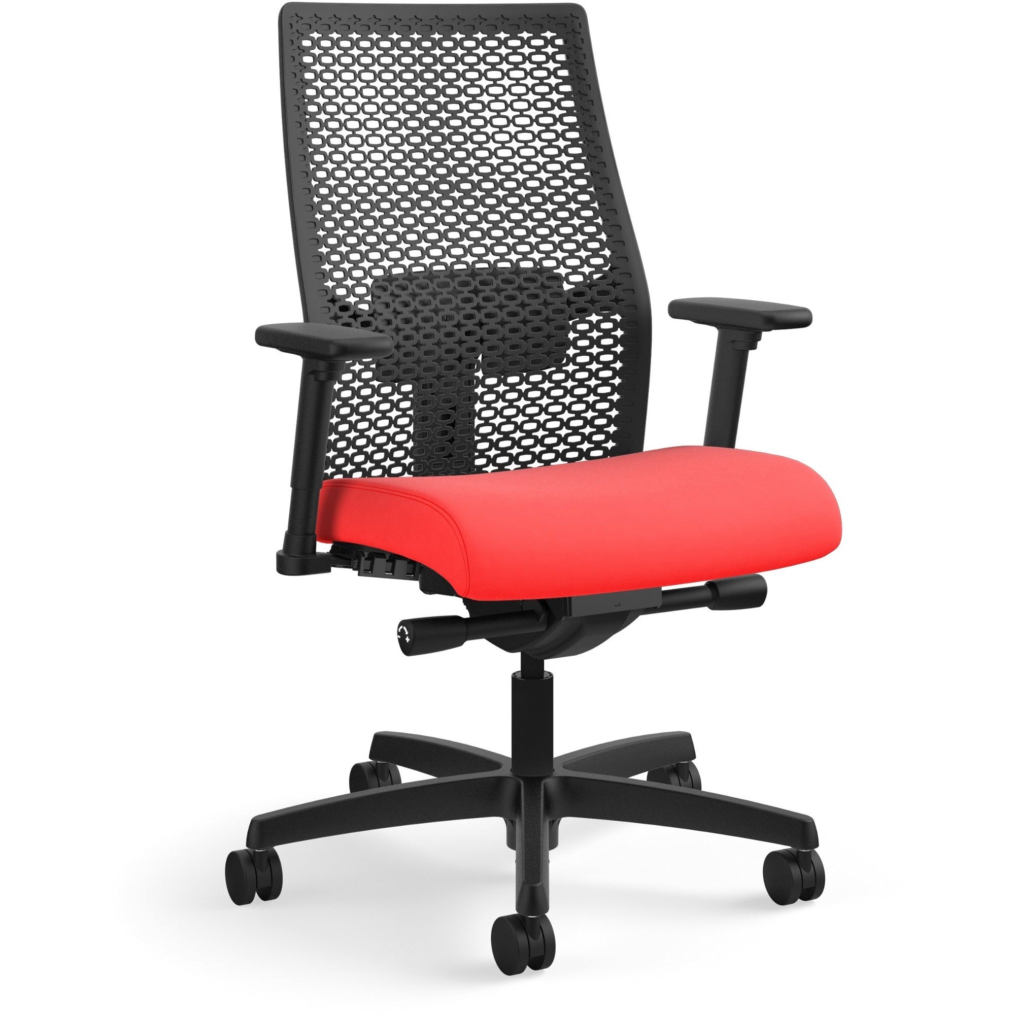 HON Ignition ReActiv Chair, Mid Back, Ruby Fabric Seat, Black Mesh Back, Adjustable Arms, Black Frame, 1 Each